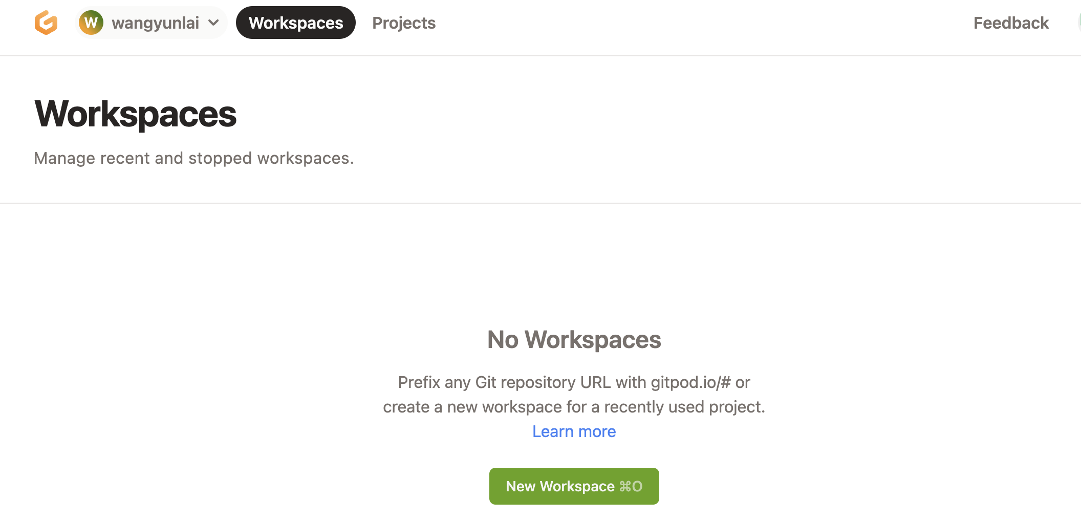 gitpod new workspace